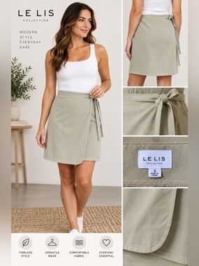 Le Lis Collection Women’s Small Beige Wrap Skirt Tie Waist Mini A-Line Casual.